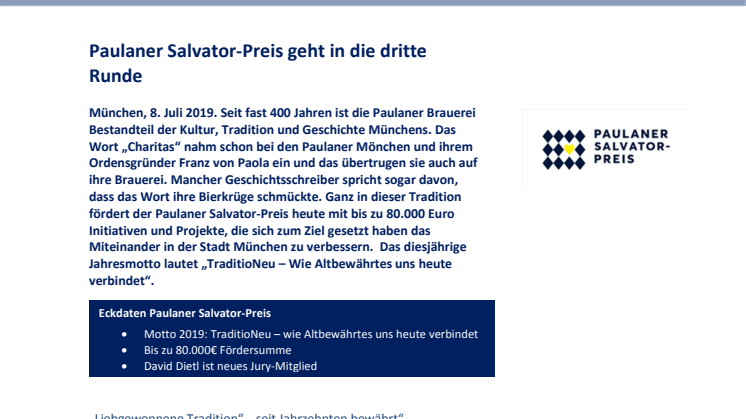 Paulaner Salvator-Preis geht in die dritte Runde