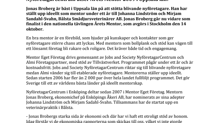 NyföretagarCentrum utser Årets Mentor 2009 i Uppsala län!