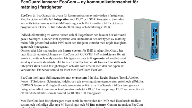 EcoGuard lanserar EcoCom – ny kommunikationsenhet för mätning i fastigheter