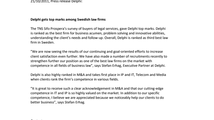 Delphi gets top marks among Swedish law firms