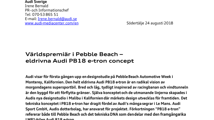 Världspremiär i Pebble Beach – eldrivna Audi PB18 e-tron concept