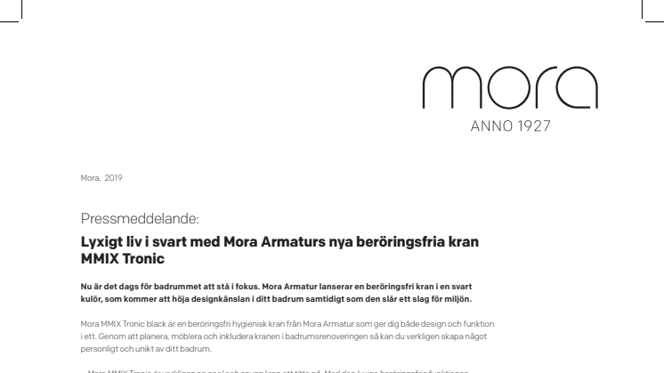 Lyxigt liv i svart med Mora Armaturs nya beröringsfria kran MMIX Tronic