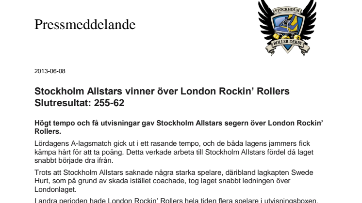 Stockholm Allstars vinner över London Rockin’ Rollers. Slutresultat: 255-62