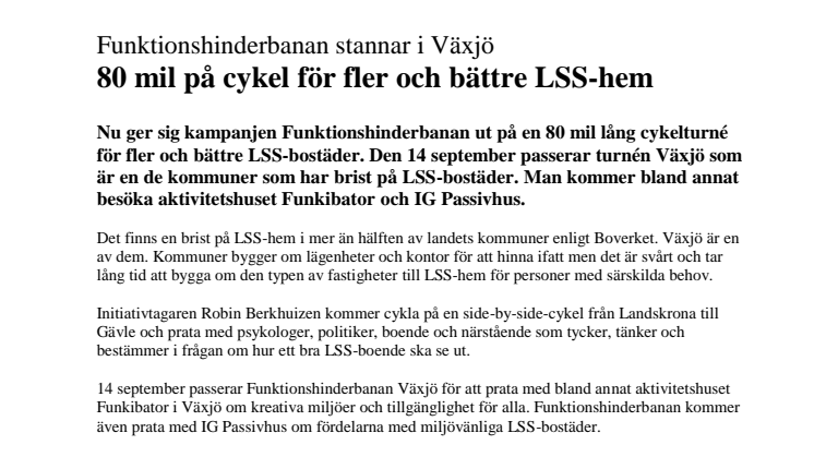 Funktionshinderbanan stannar i Växjö under 80 mils cykelturné för fler och bättre LSS-hem