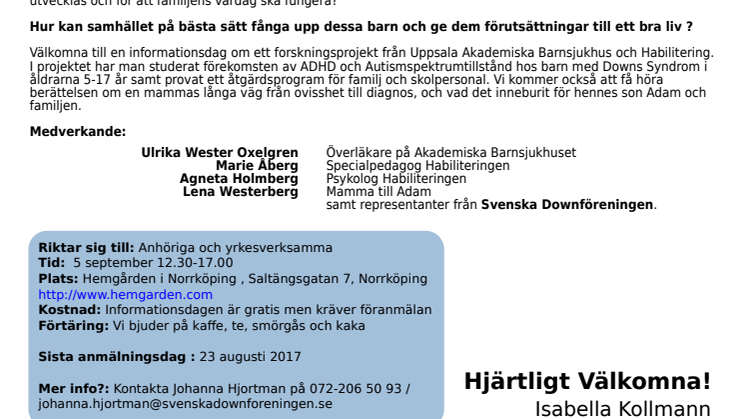 Påminnelse om anmälan till informationsdag  i Norrköping 5 september - "ADHD & Autism vid Downs Syndrom"