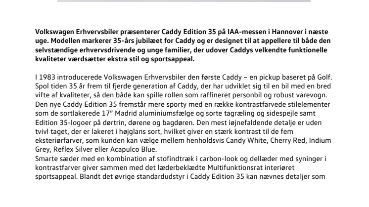 Verdenspremiere på IAA Hannover: Caddy Edition 35  