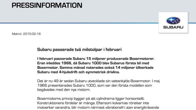 Subaru passerade två milstolpar i februari