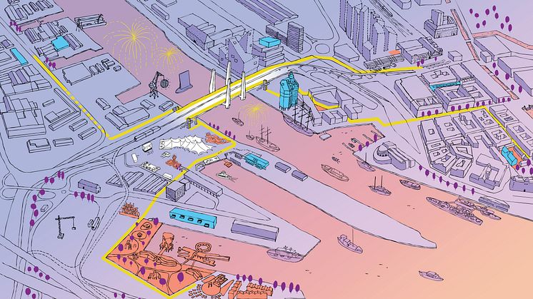 Nu utlyses ett Open Call för gestaltning av en plats, en prototyp eller ett konstverk längs med det nya gång- och cykelstråket i Frihamnen. Illustration: Rocío Soto.