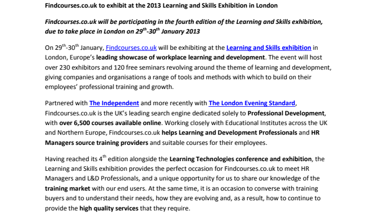 Findcourses.co.uk to exhibit at the 2013 Learning and Skills Exhibition in London
