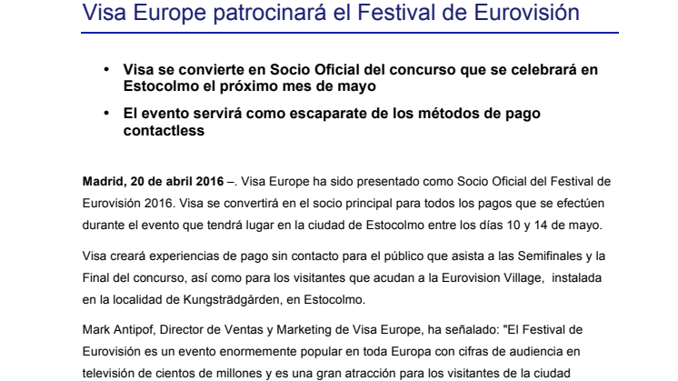 Visa Europe patrocinará el Festival de Eurovisión