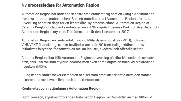 Ny processledare för Automation Region