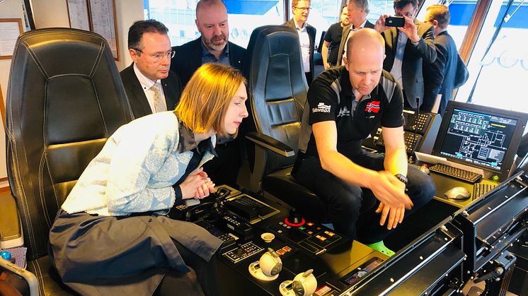 Iselin Nybø, Norway's Minister of Research and Higher Education, on board Eidsvaag Pioneer