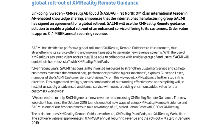 International manufacturing group SACMI signs agreement for global roll out of XMReality Remote Guidance