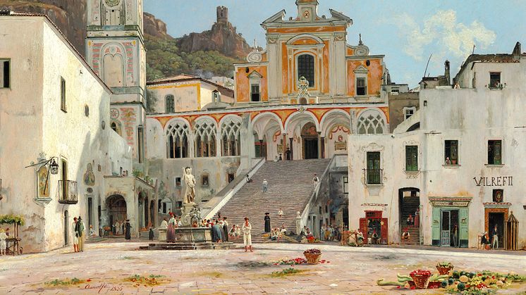Martinus Rørbye: “Parti af torvet i Amalfi”. 1835. Olie på papir monteret på lærred. 44×63 cm. Vurdering: 2-3 mio. kr.