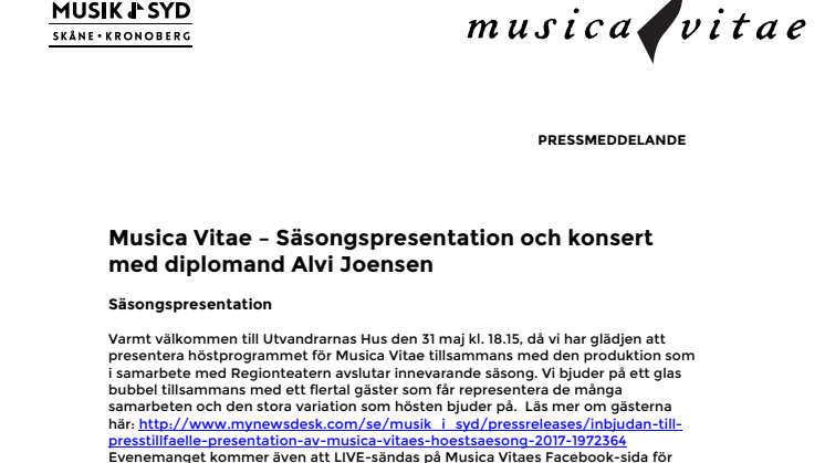 Musica Vitae - Säsongspresentation och konsert med diplomand Alvi Joensen