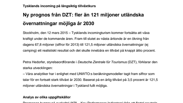 Ny prognos från DZT: fler än 121 miljoner utländska övernattningar möjliga år 2030