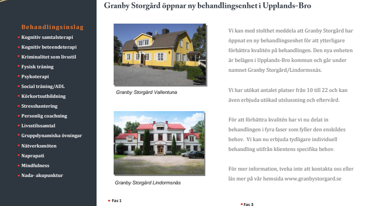 Granby Storgård öppnar ny behandlingsenhet i Upplands-Bro   