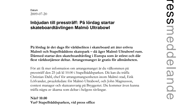 Inbjudan till pressträff: På lördag startar skateboardtävlingen Malmö Ultrabowl
