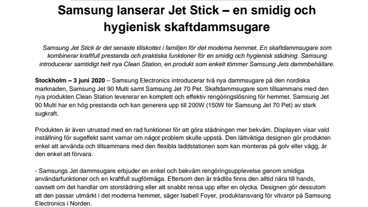 Samsung lanserar Jet Stick – en smidig och hygienisk skaftdammsugare