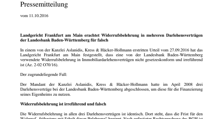 Landgericht Frankfurt am Main erachtet Widerrufsbelehrung in mehreren Darlehensverträgen der Landesbank Baden-Württemberg für falsch