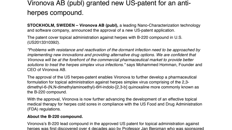 Vironova AB (publ) granted new US-patent for an anti-herpes compound.