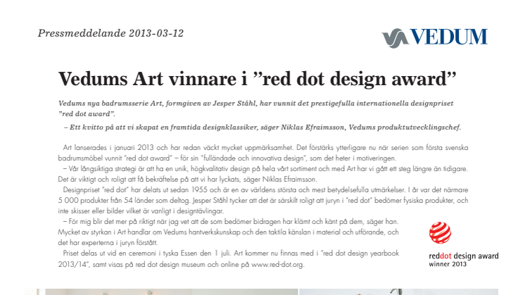 Vedums Art vinnare i ”red dot design award”