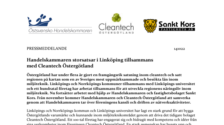 Handelskammaren storsatsar i Linköping tillsammans med Cleantech Östergötland