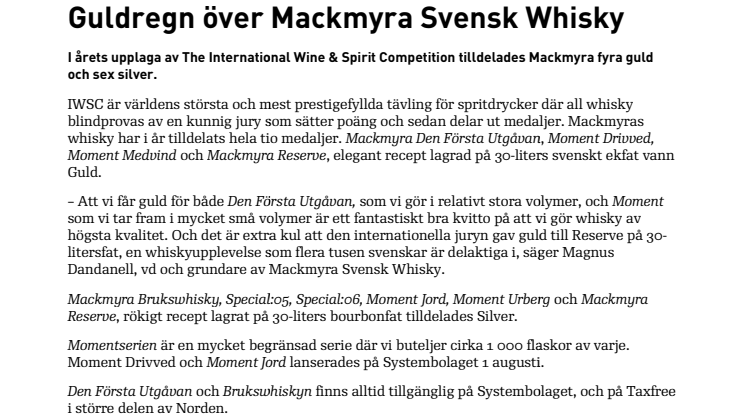 Guldregn över Mackmyra Svensk Whisky