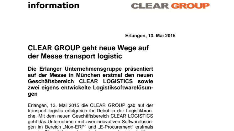 13.05.2015 CLEAR GROUP geht neue Wege auf der Messe transport logistic
