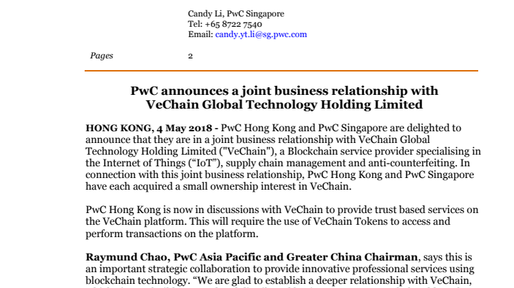 PwC announces a joint business relationship with  VeChain Global Technology Holding Limited