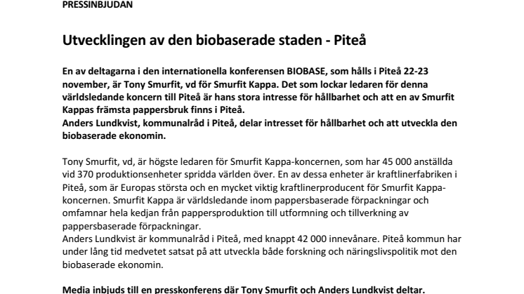 Inbjudan presskonferens: Utvecklingen av den biobaserade staden - Piteå