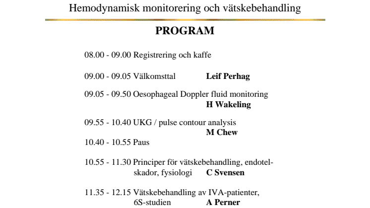 Program Anestesidagen, Södra Sjukvårdsregionen, i Ystad 20121116