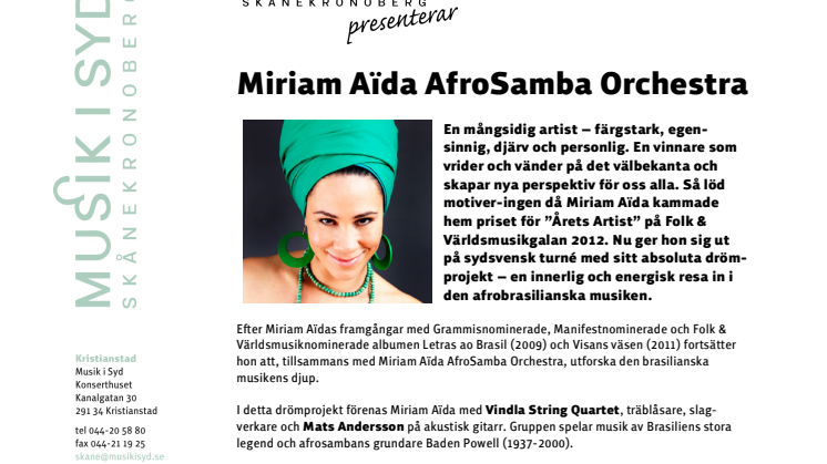 Sydsvensk turné med Miriam Aïda AfroSamba Orchestra
