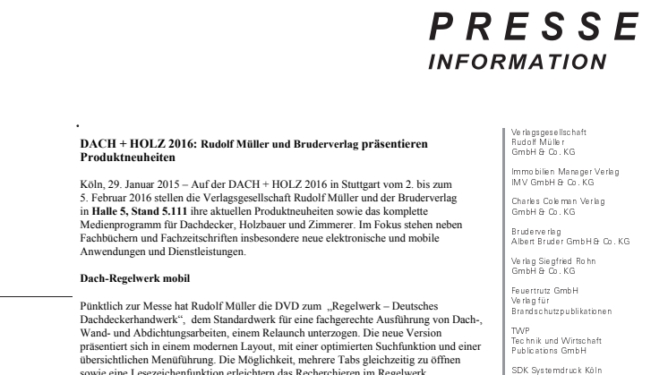 DACH + HOLZ 2016: Rudolf Müller und Bruderverlag präsentieren Produktneuheiten 
