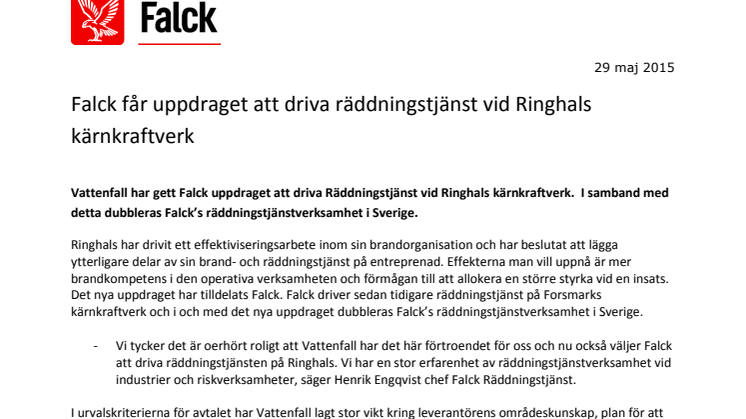 Falck får uppdraget att driva räddningstjänst vid Ringhals kärnkraftverk