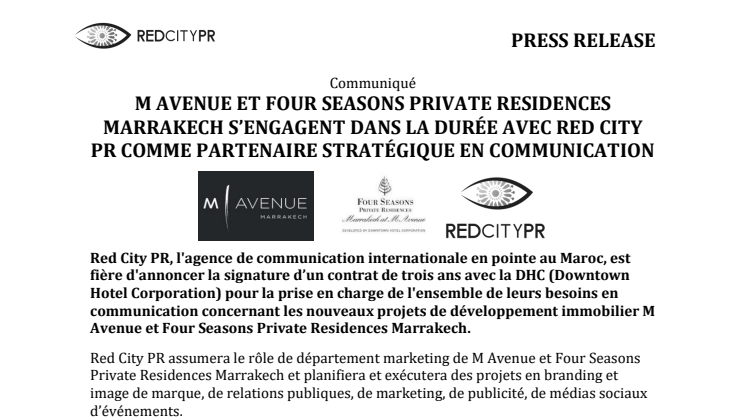 M Avenue et Four Seasons Private Residences Marrakech s’engagent dans la durée avec Red City PR comme partenaire stratégique en communication