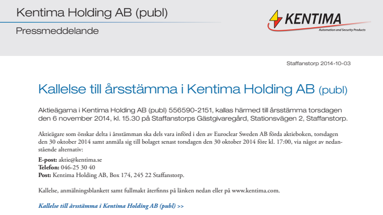 Kallelse till årsstämma i Kentima Holding AB (publ)