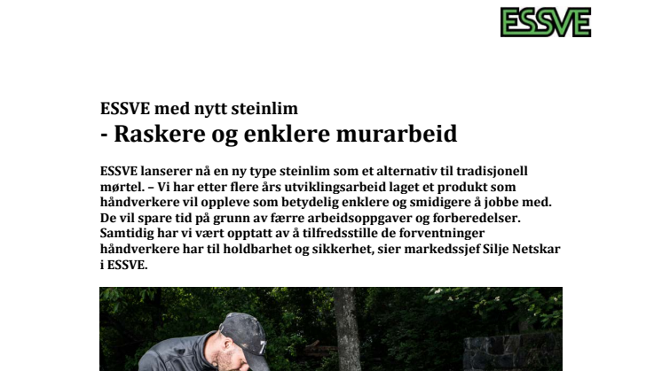 ESSVE med nytt steinlim - raskere og enklere murarbeid