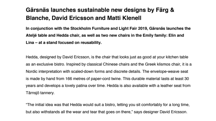 Gärsnäs launches sustainable new designs by Färg & Blanche, David Ericsson and Matti Klenell