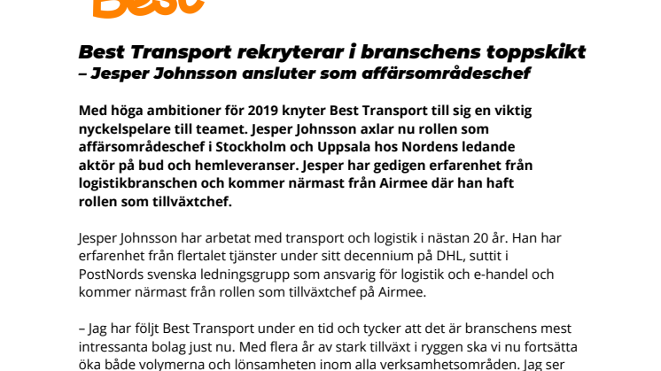 Best Transport rekryterar i branschens toppskikt – Jesper Johnsson ansluter som affärsområdeschef