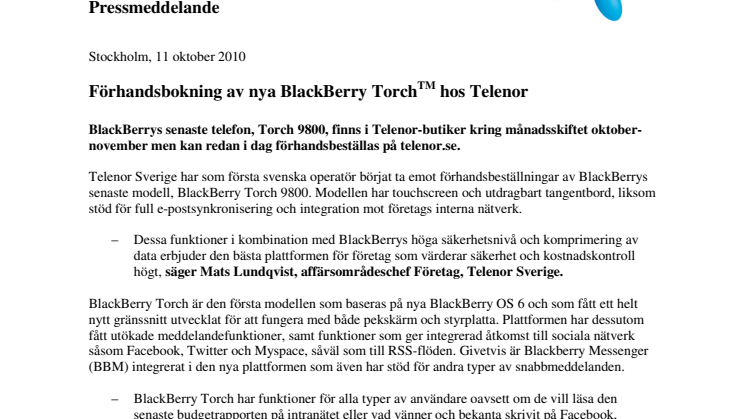 Förhandsbokning av nya BlackBerry Torch hos Telenor