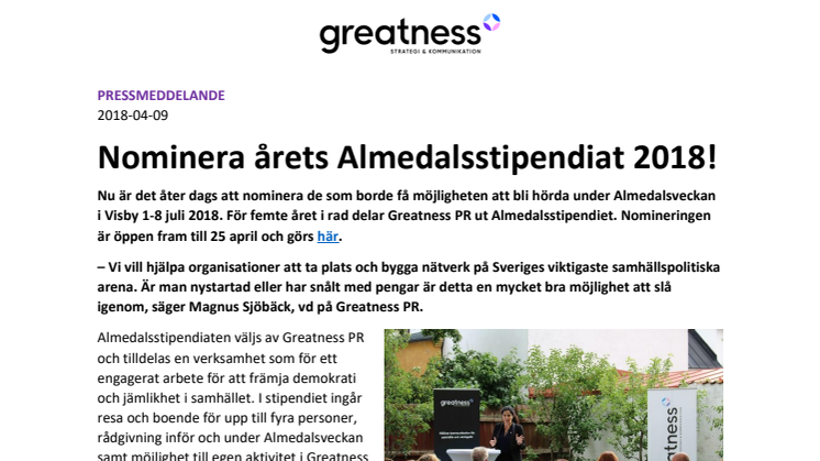 Nominera årets Almedalsstipendiat 2018!