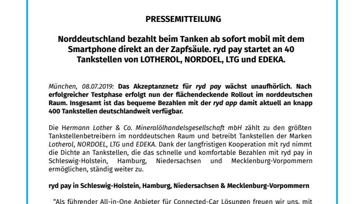 ryd pay startet an 40 Tankstellen von LOTHEROL, NORDOEL, LTG und EDEKA. 