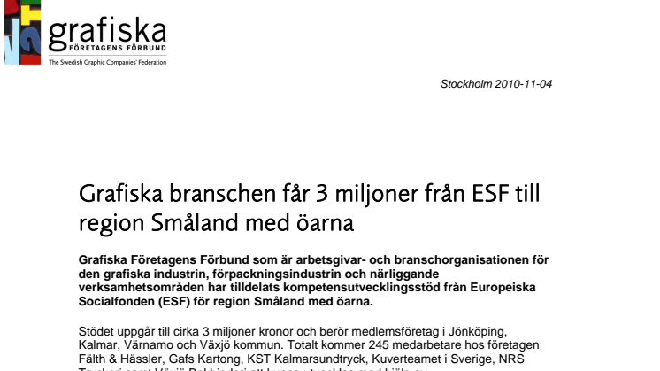 Grafiska branschen får 3 miljoner från ESF till region Småland med öarna
