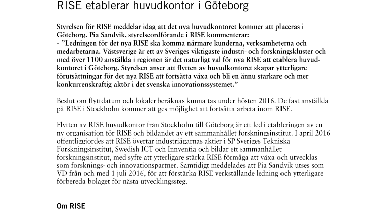 RISE etablerar huvudkontor i Göteborg