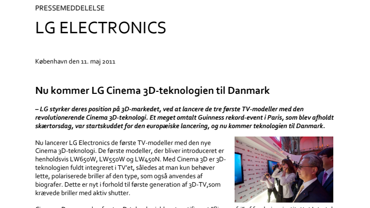 Nu kommer LG Cinema 3D-teknologien til Danmark