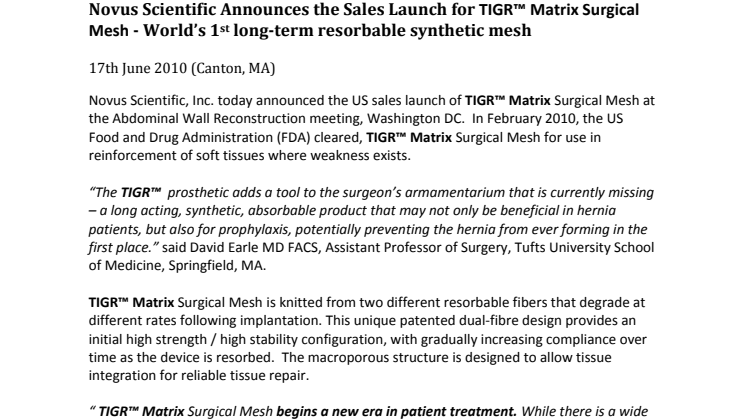 Novus Scientific Announces the Sales Launch for TIGR® Matrix Surgical Mesh – World's 1st Long-Term Resorbable Synthetic Mesh