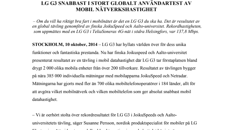 LG G3 SNABBAST I STORT GLOBALT ANVÄNDARTEST AV MOBIL NÄTVERKSHASTIGHET