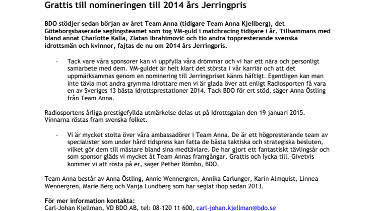 BDO gratulerar Team Anna - nominerade till Jerringpriset 2014