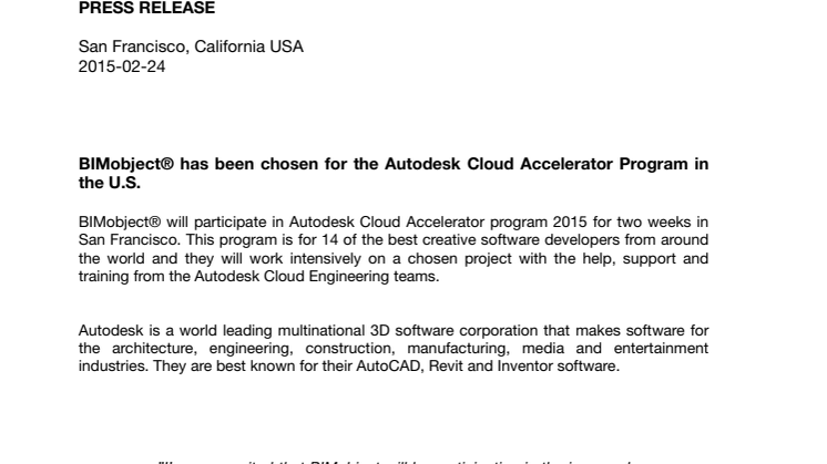 BIMobject® has been chosen for the Autodesk Cloud Accelerator Program in the U.S.